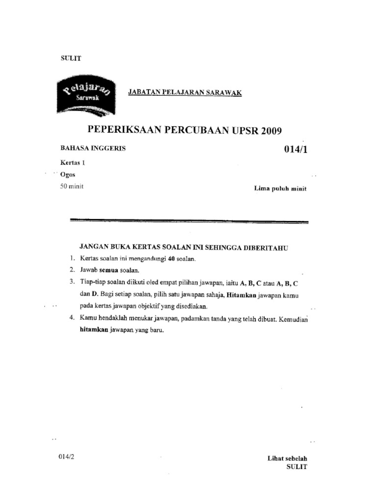 Soalan Trial English BI UPSR Paper 1 Sarawak | PDF