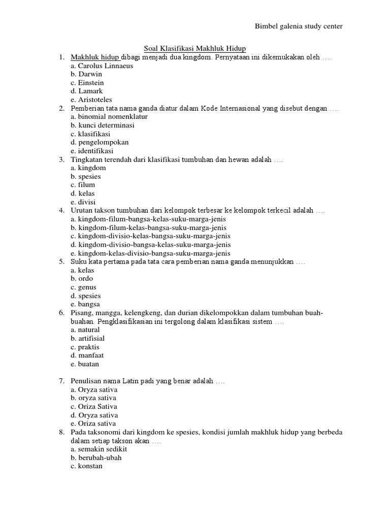 Soal Klasifikasi Makhluk Hidup