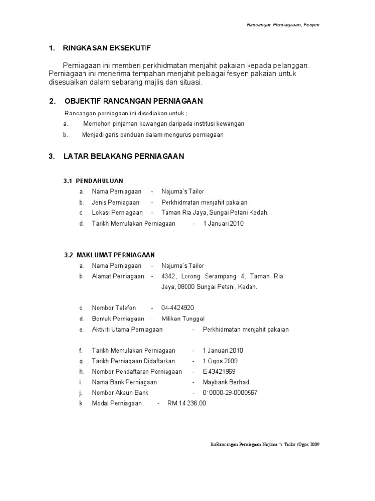 Rancangan Perniagaan Najuma S Tailor Pdf