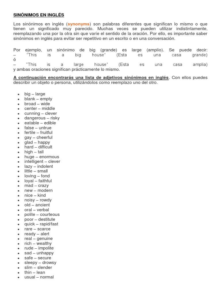 Sinonimos Ingles Semántica Unidades Semánticas