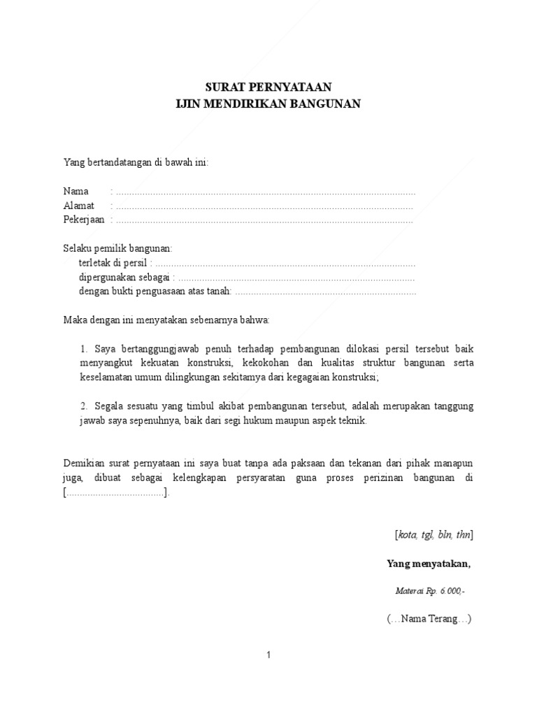Surat Pernyataan Ijin Mendirikan Bangunan (Imb) | PDF