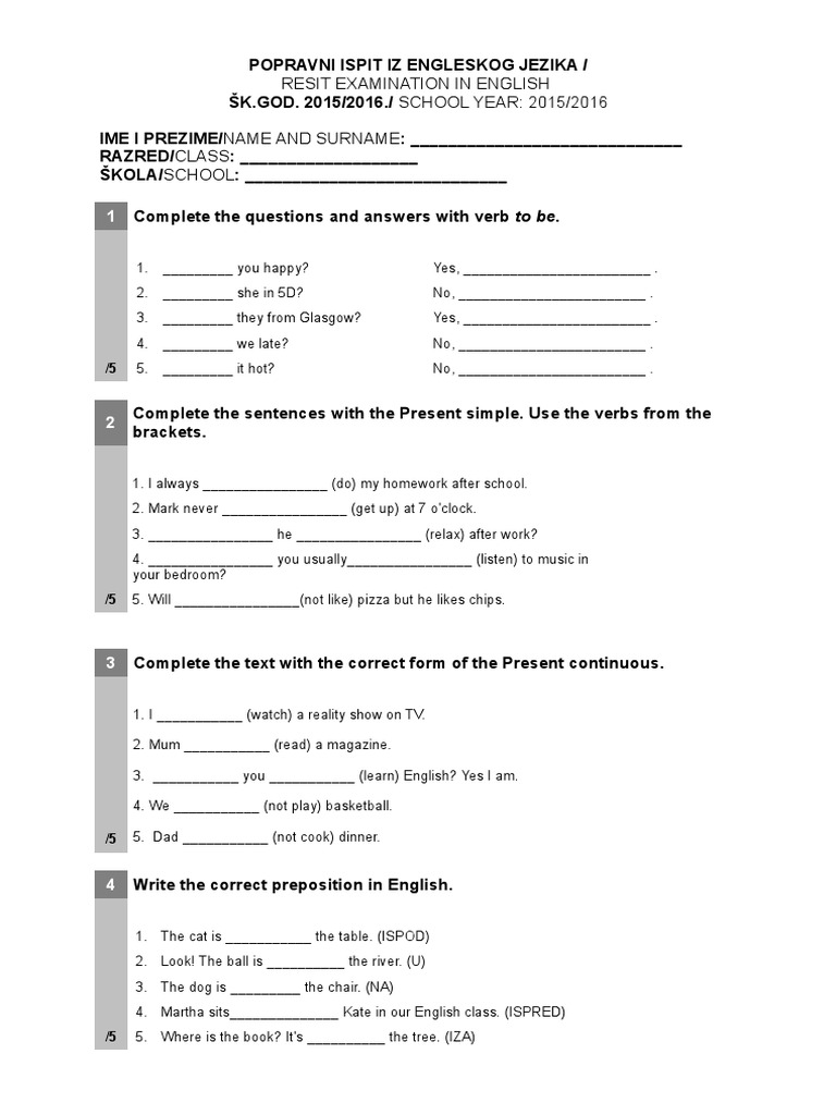 Popravni Ispit Iz Engleskog Jezika Test 20152016 Cognitive