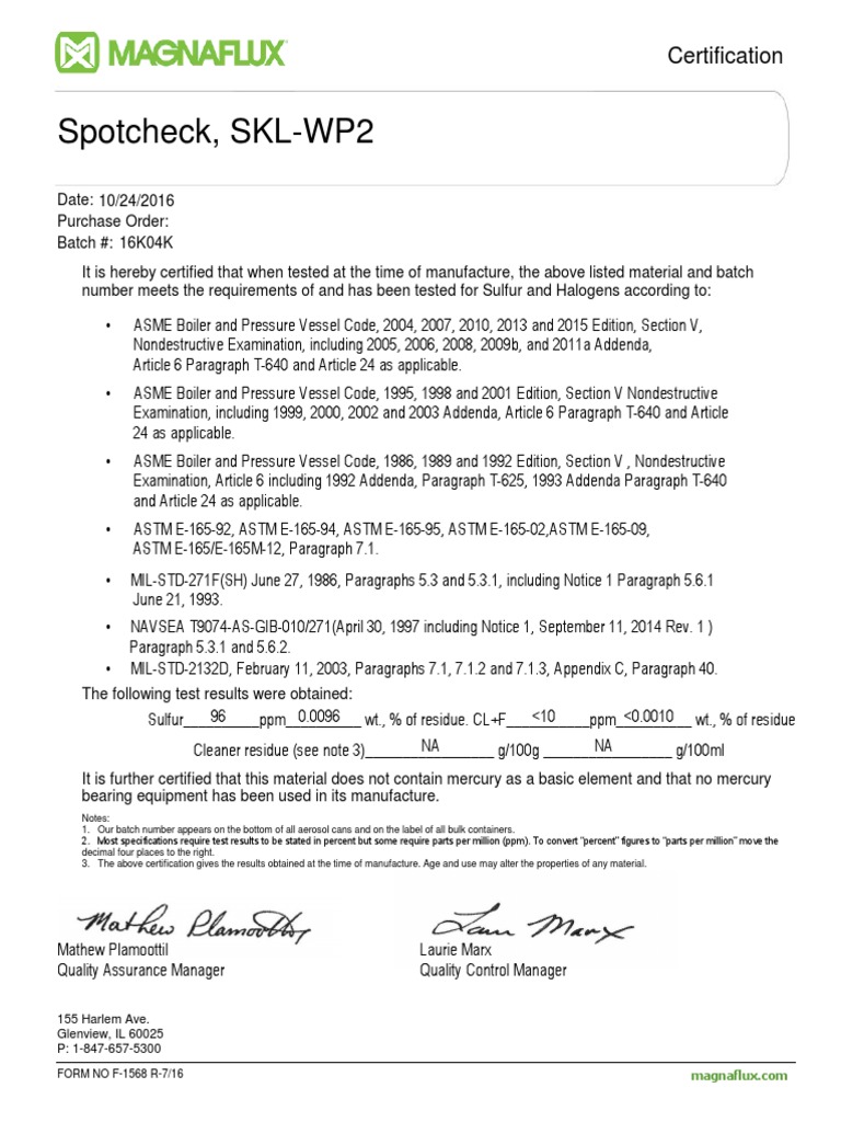 certificado liquidos Nondestructive Testing Quality