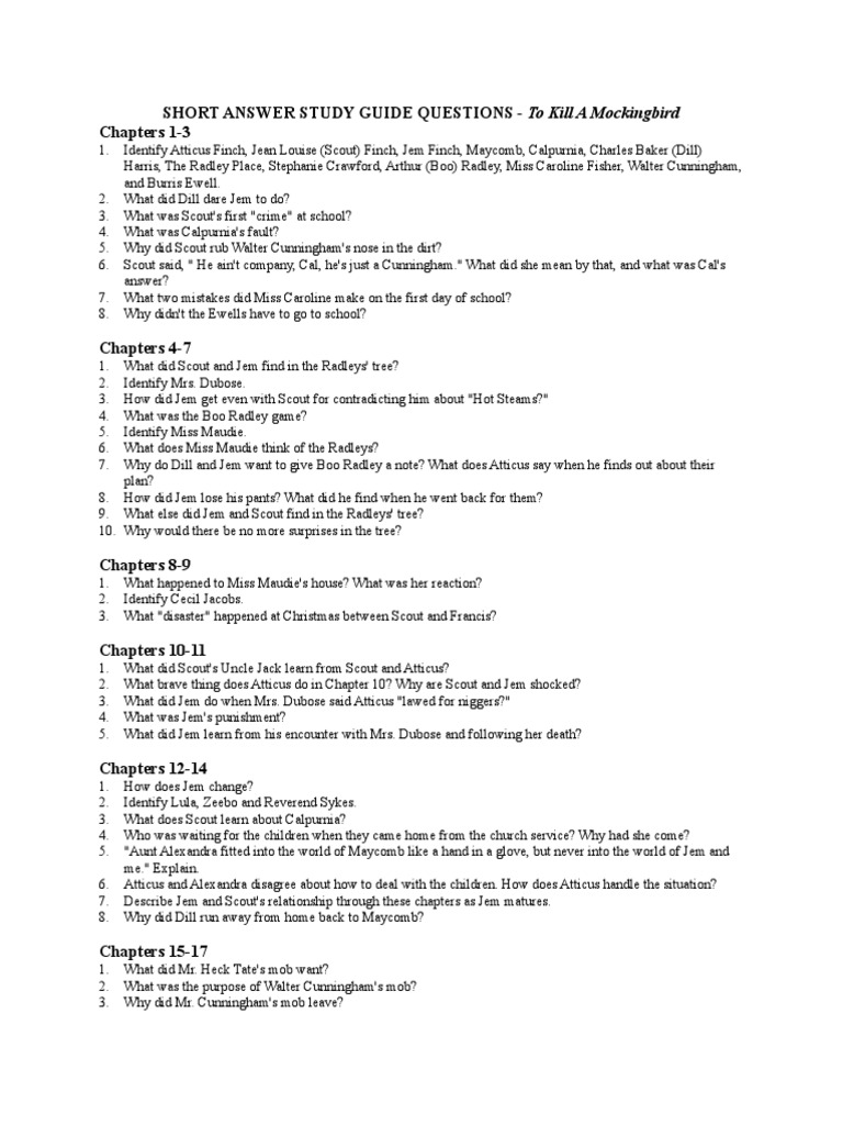 Short Answer Study Guide Questions To Kill A Mockingbird