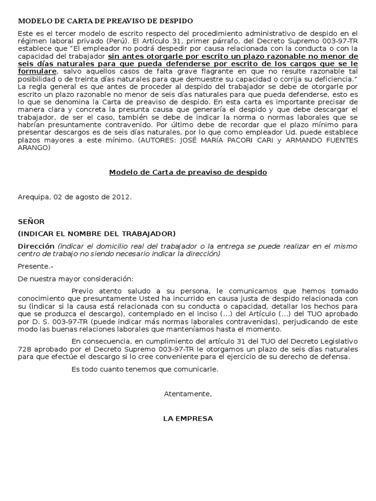 Modelo De Carta De Preaviso De Despido Derecho Laboral Regulación