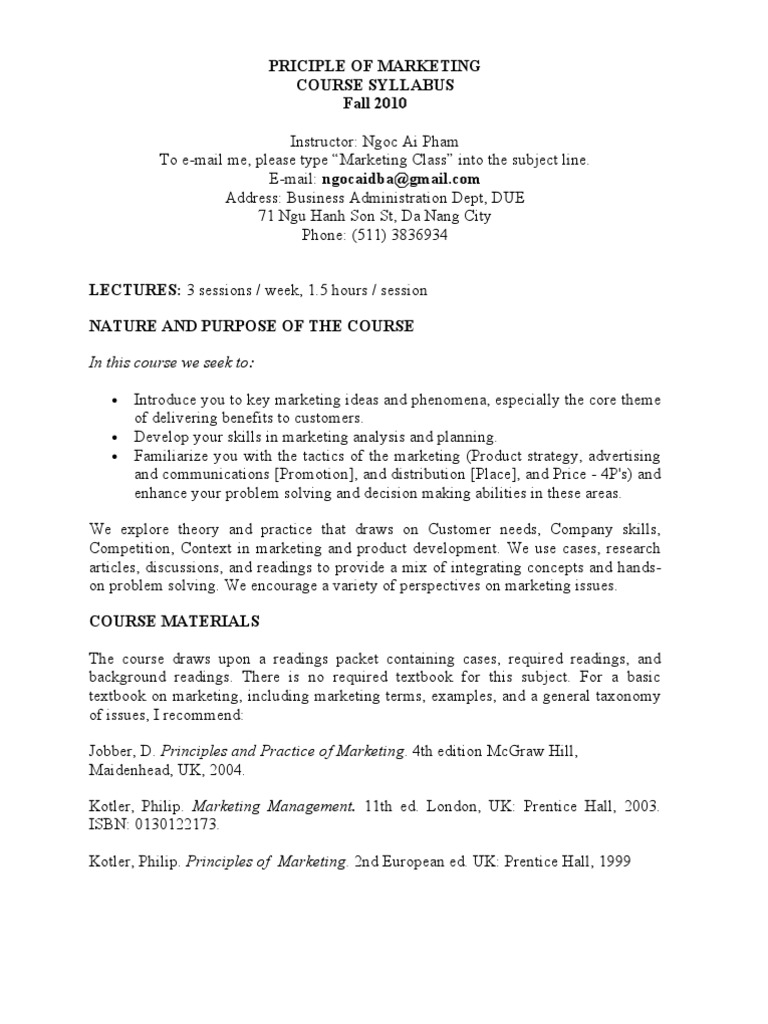 Marketing Management Course Syllabus | PDF | Textbook | Marketing