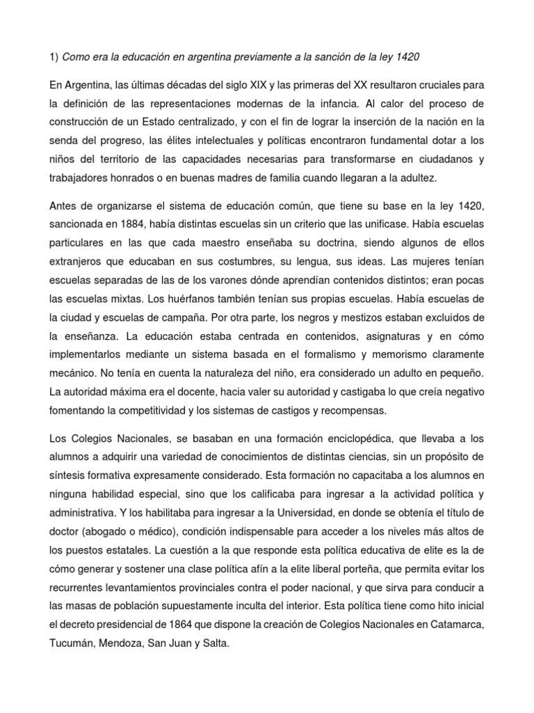 Educación en Argentina antes de la Ley 1420 | PDF | Educación primaria ...