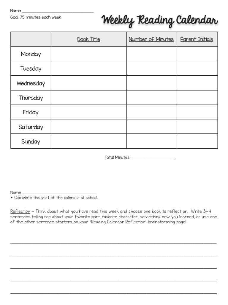 Weekly Reading Calendar Template | PDF