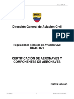 Certificación de aeronaves y componentes RDAC 021