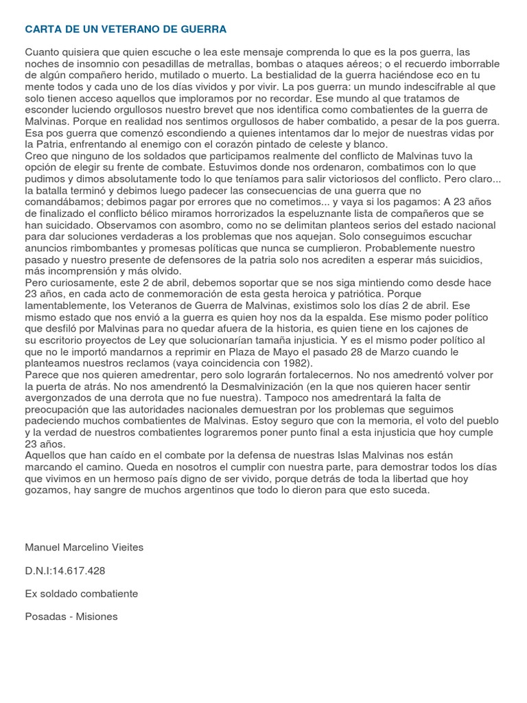 Carta de Un Veterano de Guerra  Disturbios  Violencia