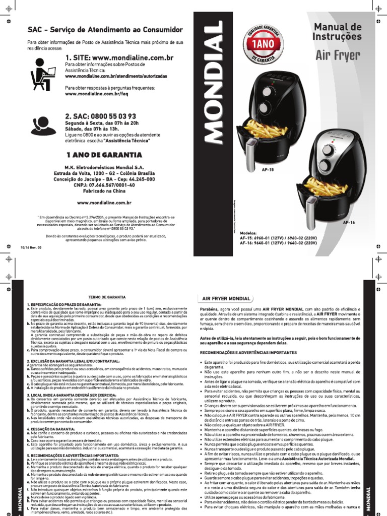 Manual Air Fryer Mondial - Af-15 e Af-16 - 10.15 Rev. 00 - Impressão