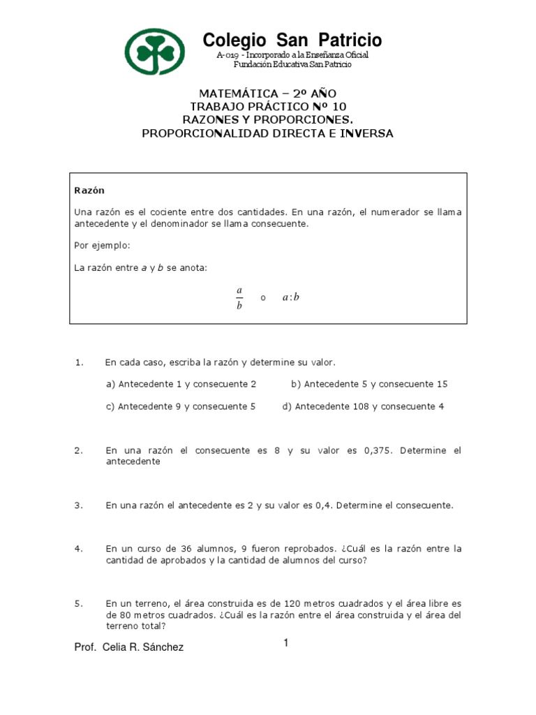 Trabajo Practico No 10 Razones y Proporciones