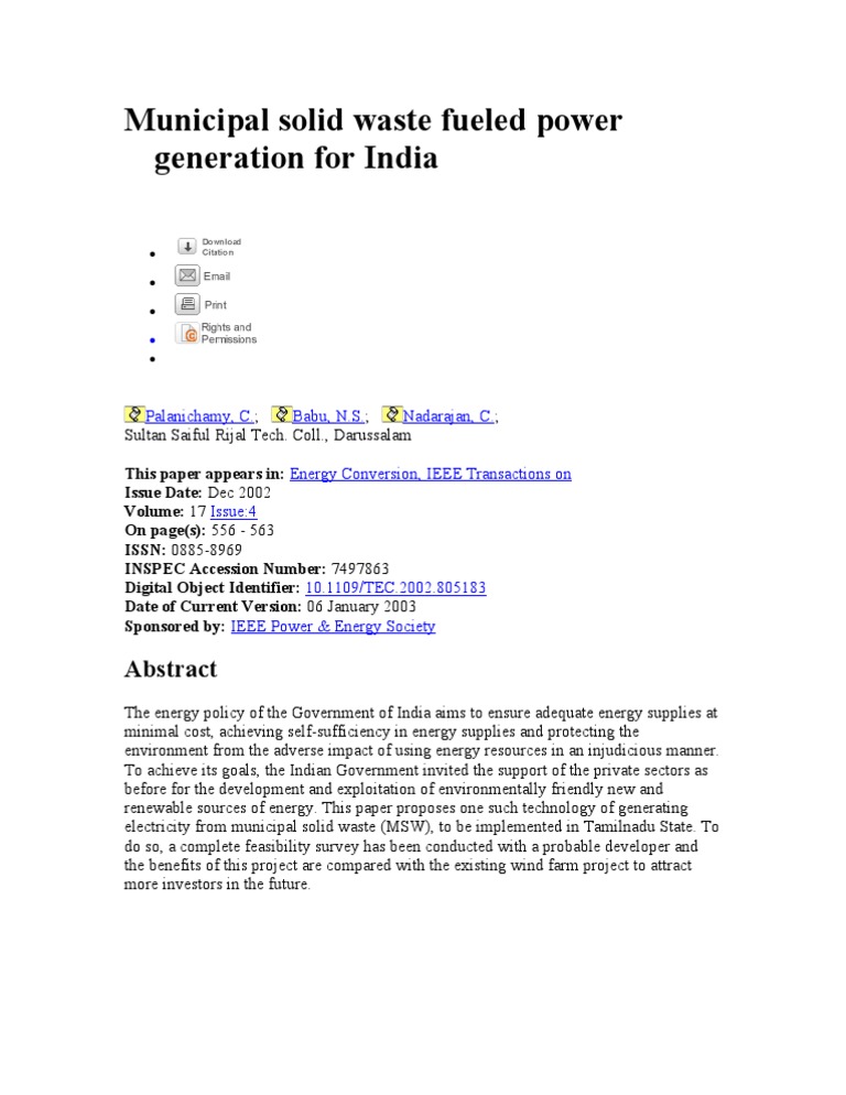 Municipal Solid Waste Fueled Power Generation For India | PDF