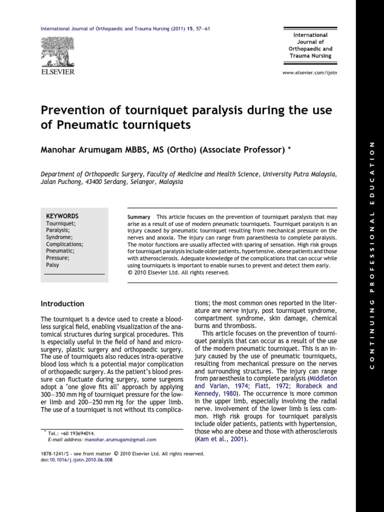 Prevention of Tourniquet Paralysis PDF PDF Nervous System Health Sciences