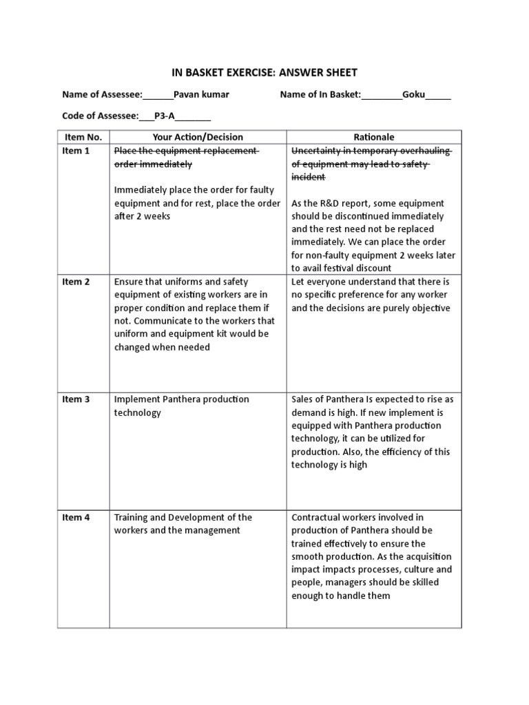 In Basket Exercise Answer Sheet PDF Personal Protective Equipment