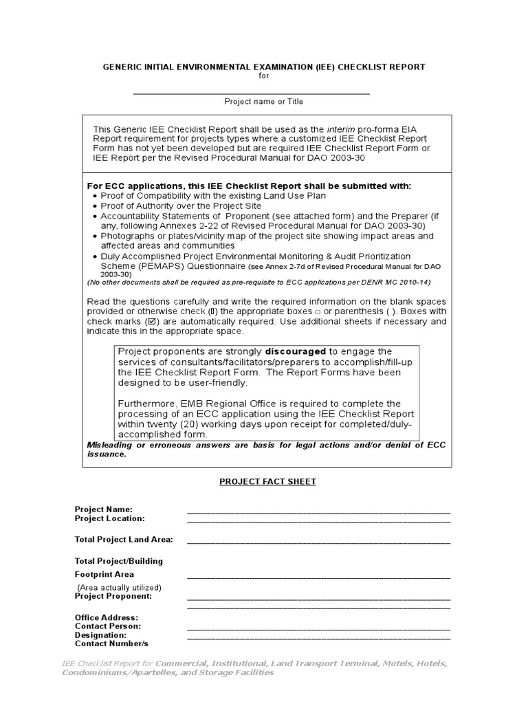 Generic IEE Checklist Report Template | PDF | Environmental Monitoring ...