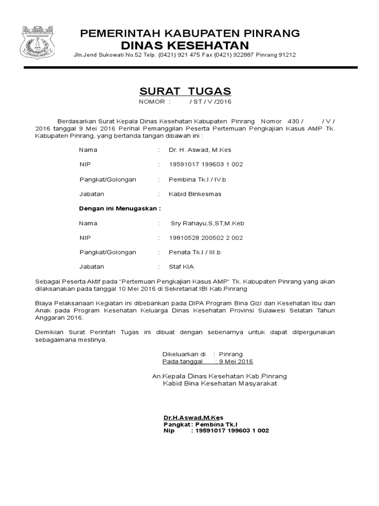 Contoh Surat Perintah Tugas Dinas Kesehatan