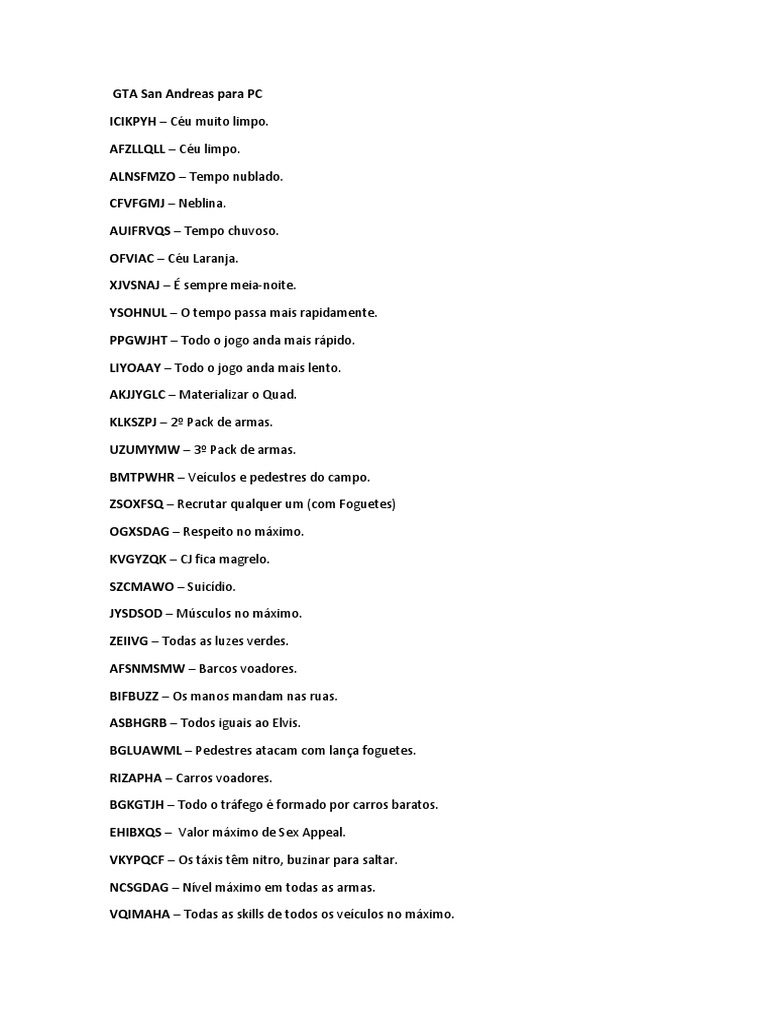 Todos Os Códigos Do GTA San Andreas Tráfego Transporte