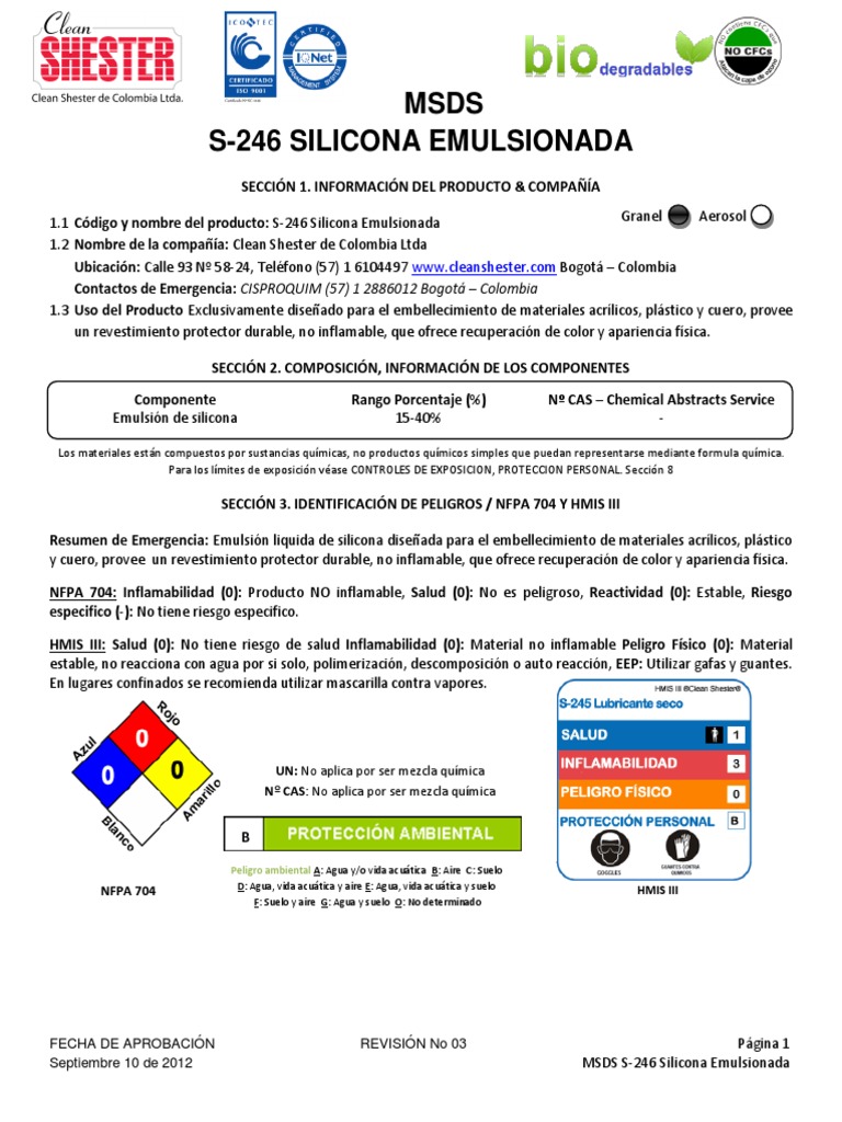 MSDS S-246: Silicona Emulsionada | PDF | Residuos | Toxicidad