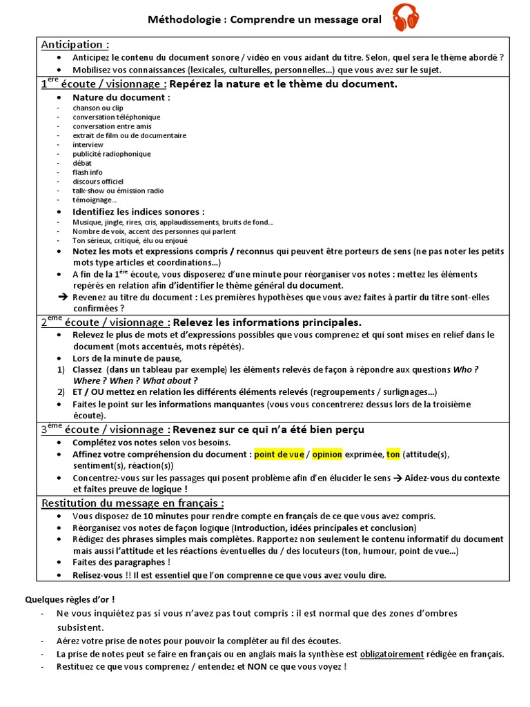 Methodologie Comprehension Orale  Document  Langue française