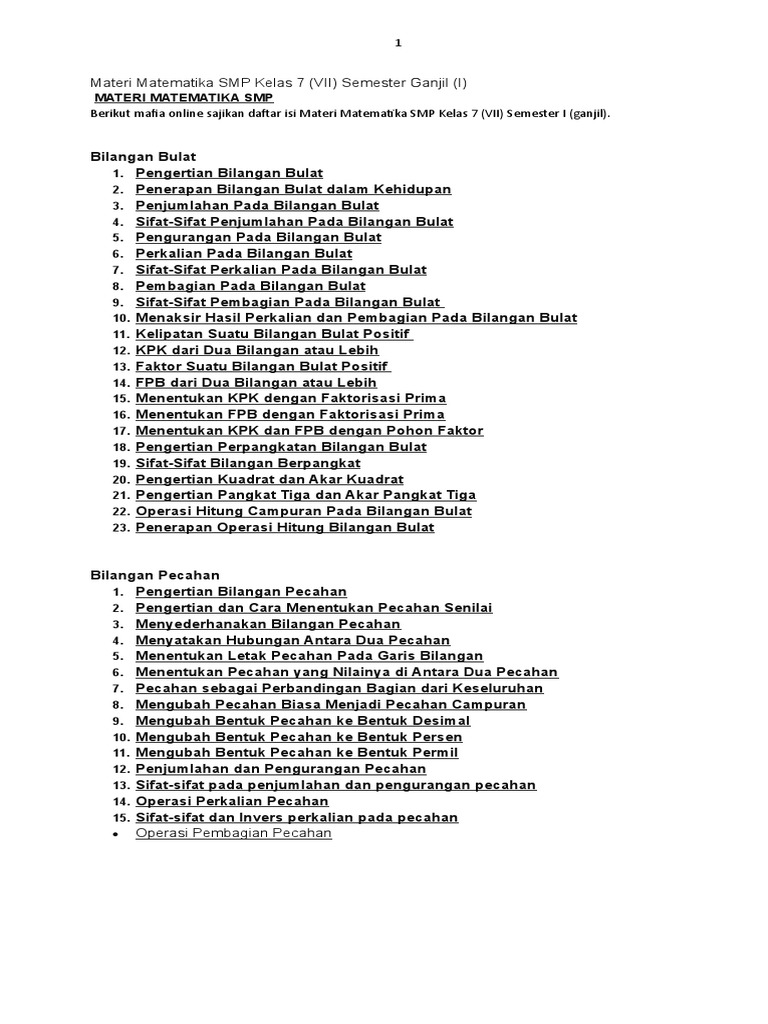 Materi Matematika SMP Kelas 7 (VII) Semester Ganjil (I)