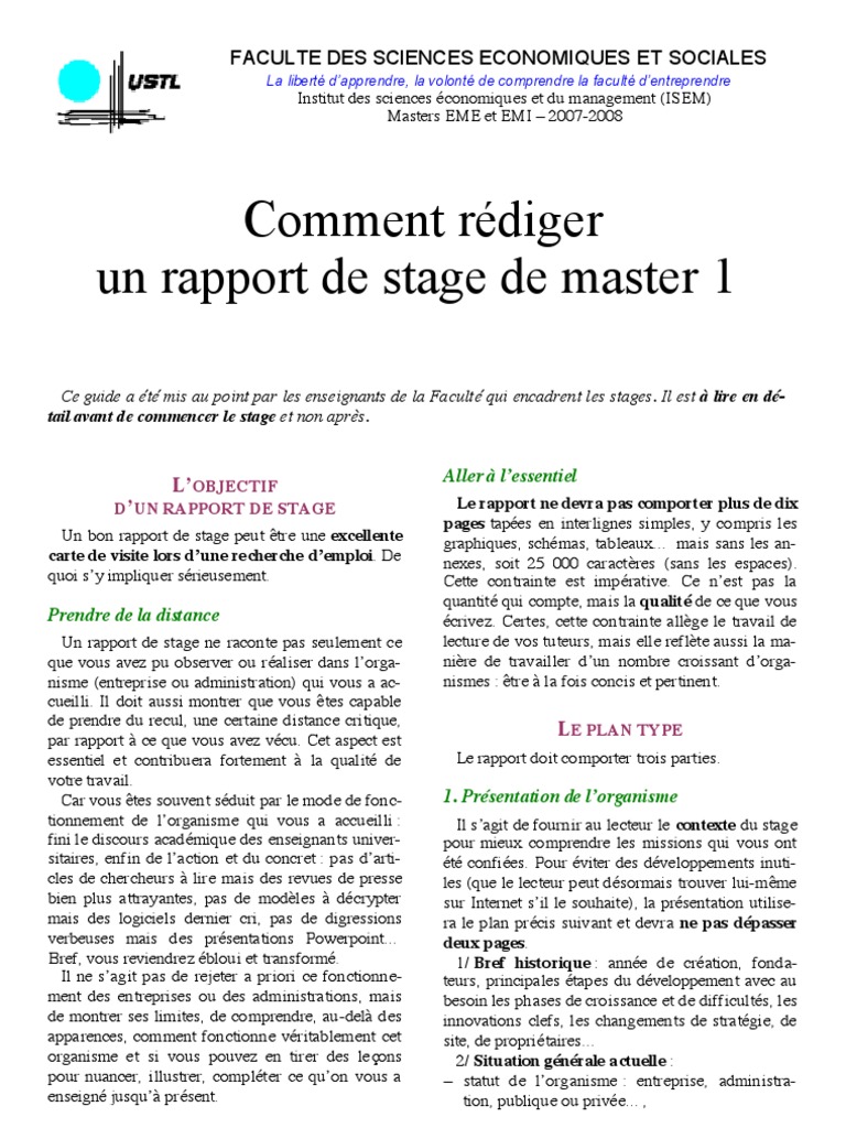 Comment Rediger Un Rapport De Stage De Master 1 Pdf De Microsoft Word