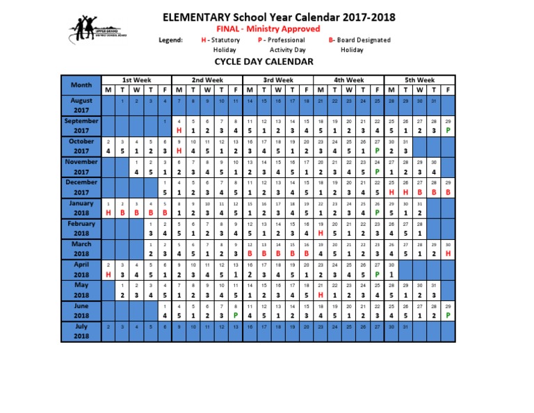 Elementary Final Cycle Day Calendar PDF
