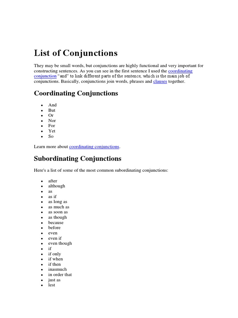 Comprehensive List of Conjunctions | PDF