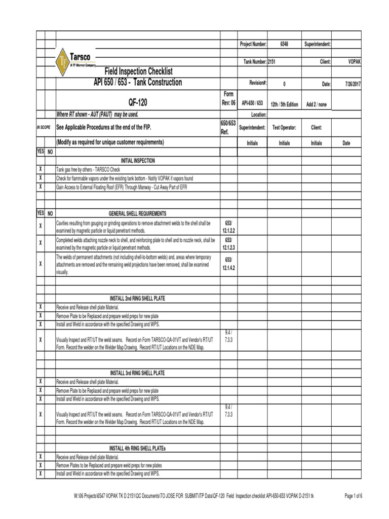 Check list Welding Pipe (Fluid Conveyance)