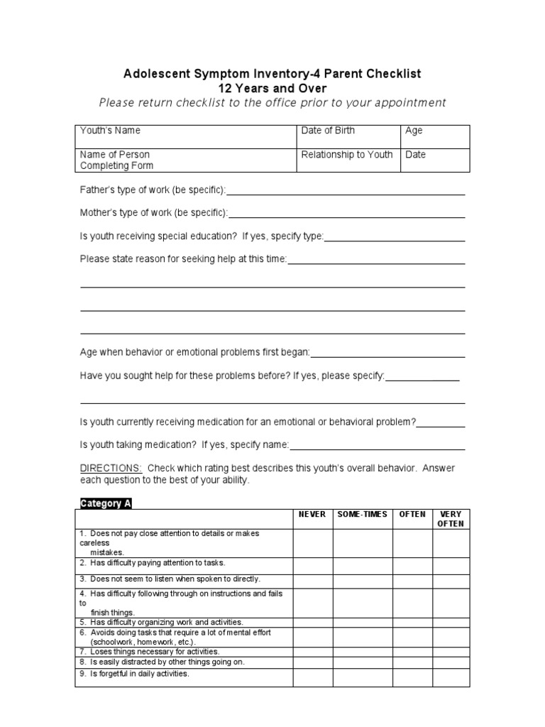 Adolescent Symptom Inventory-4 Parent Checklis - Anp - Ages12up09 ...