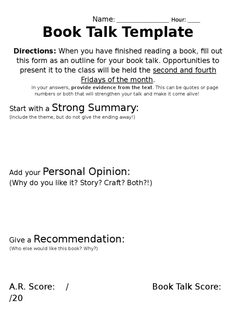 book talk assignment pdf