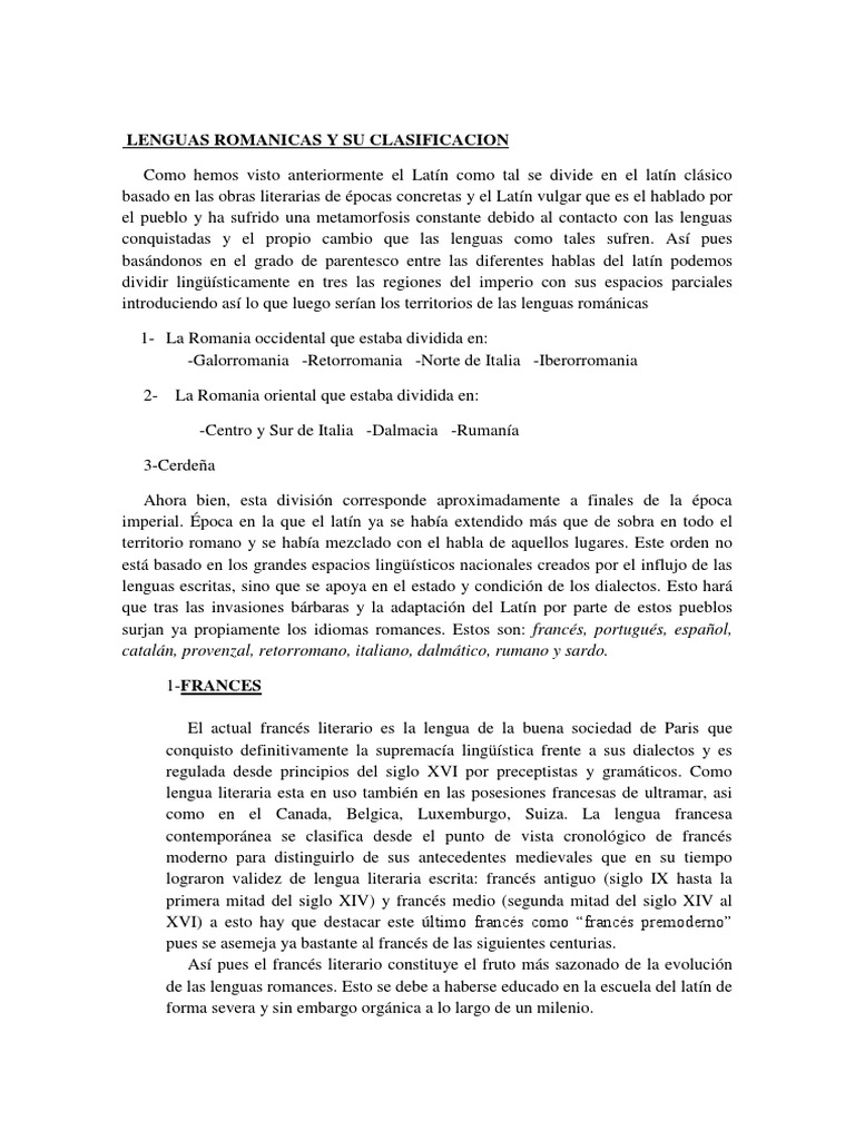 Lenguas Románicas y Su Clasificación 1 PDF latín Dialecto