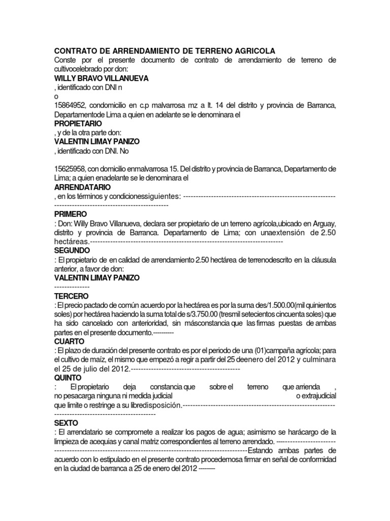 Contrato de Arrendamiento de Terreno Agricola