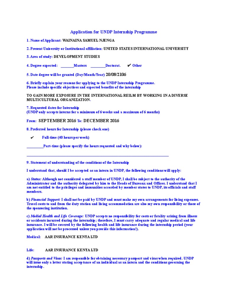 UNDP Internship Application by Wainaina Njenga | PDF | Travel Visa ...