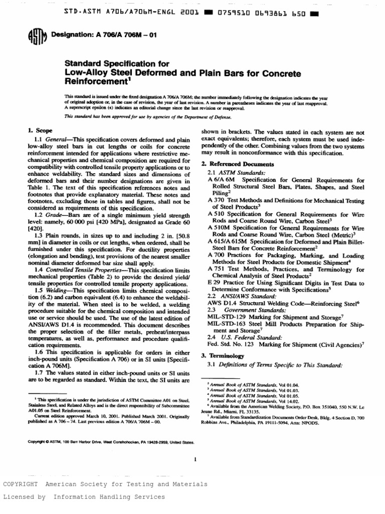 ASTM-A706-01 - Steel Reinforcing Bars For Concrete | PDF