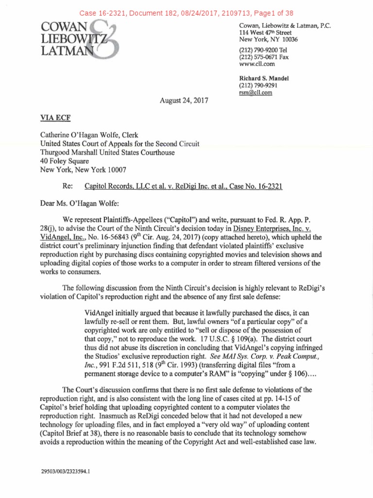 Capitol Records V Redigi - FRAP 28 (J) Letter | Digital Millennium