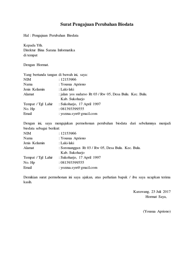 Surat Pengajuan Perubahan Biodata