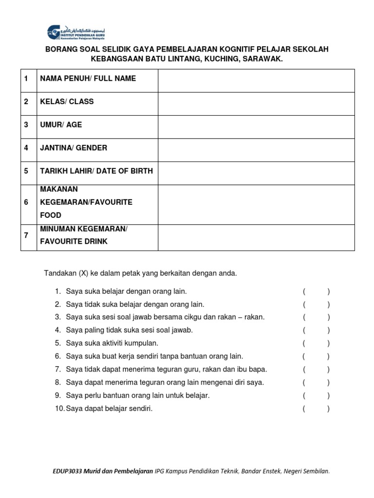 Contoh Borang Soal Selidik Makanan Kegemaran Pelajar