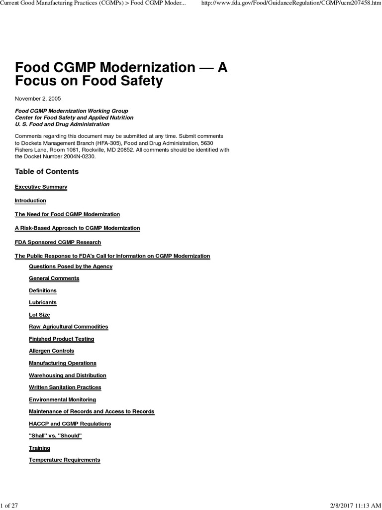 Current Good Manufacturing Practices (CGMPS) Food CGMP Modernization ...