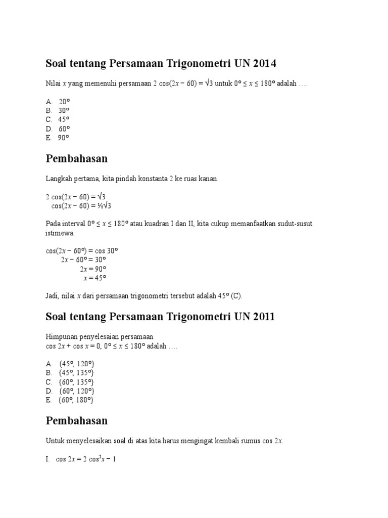 Soal Un Persamaan Trigonometri Guru Paud