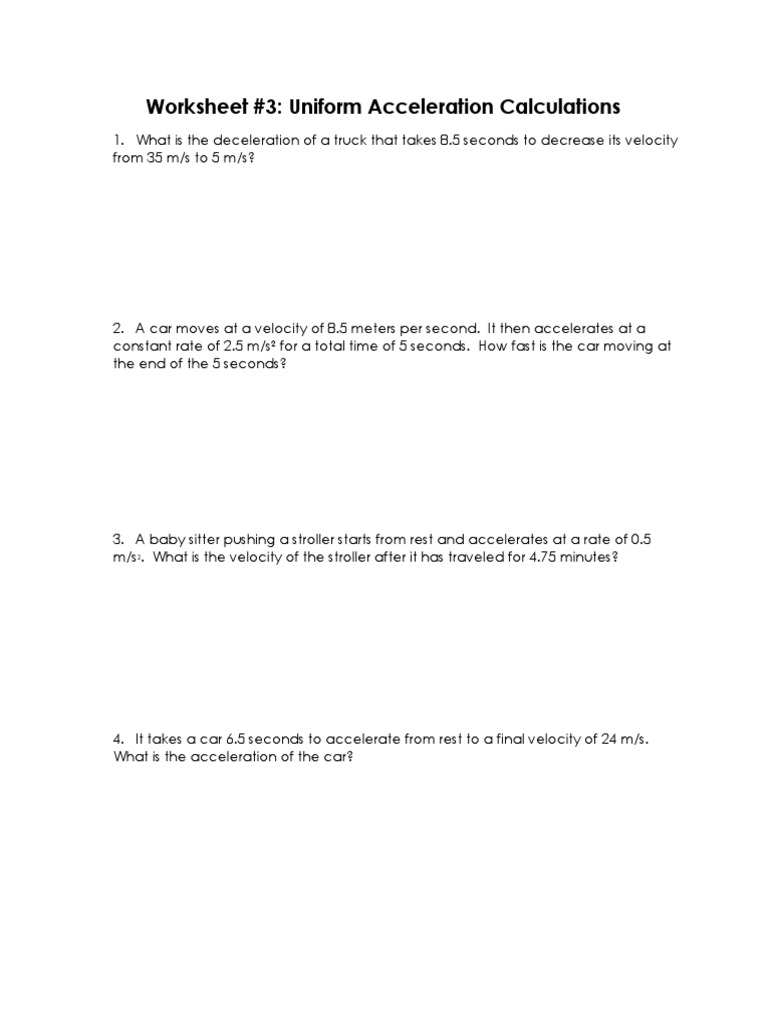 Worksheet 3 Uniform Acceleration Calculations PDF PDF
