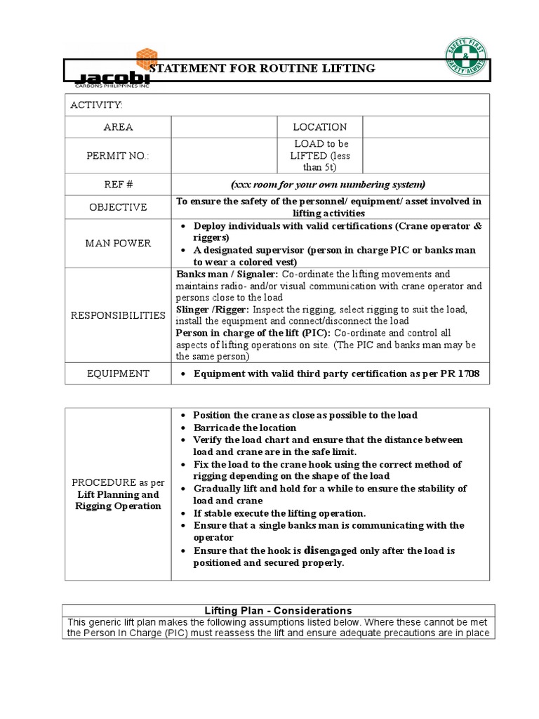 Statement For Routine Lifting: (XXX Room For Your Own Numbering System ...