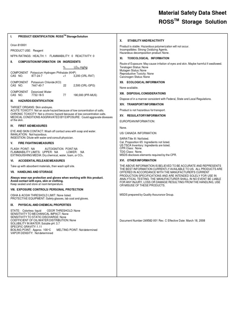 Material Safety Data Sheet Ross Storage Solution