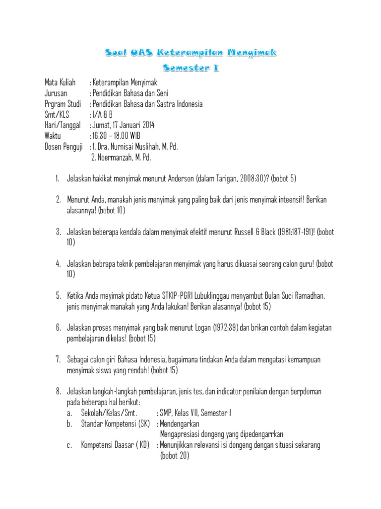 Soal Uas Keterampilan Menyimak