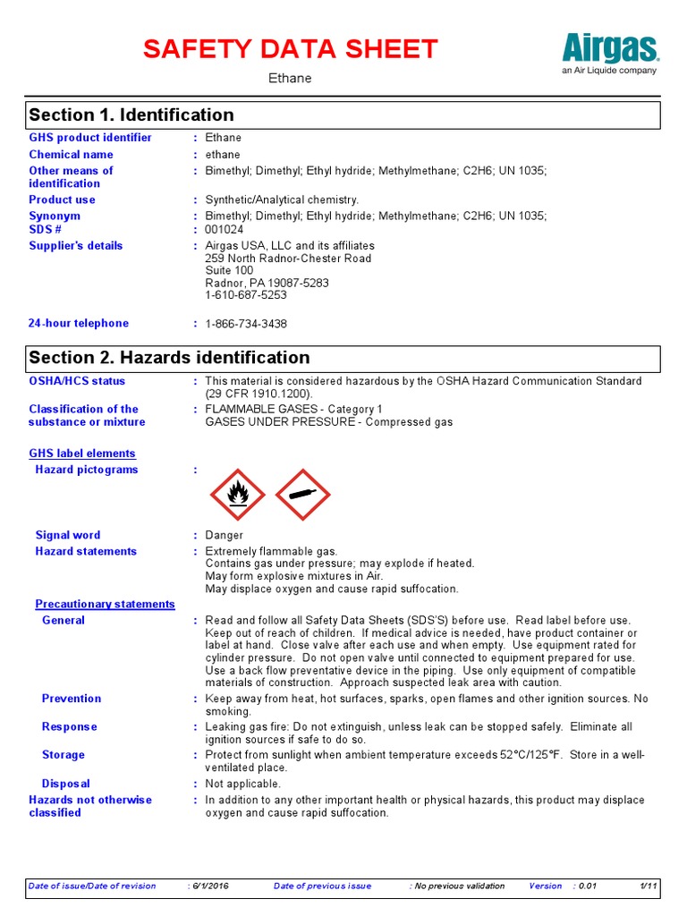 SDS Ethane Dangerous Goods Personal Protective Equipment