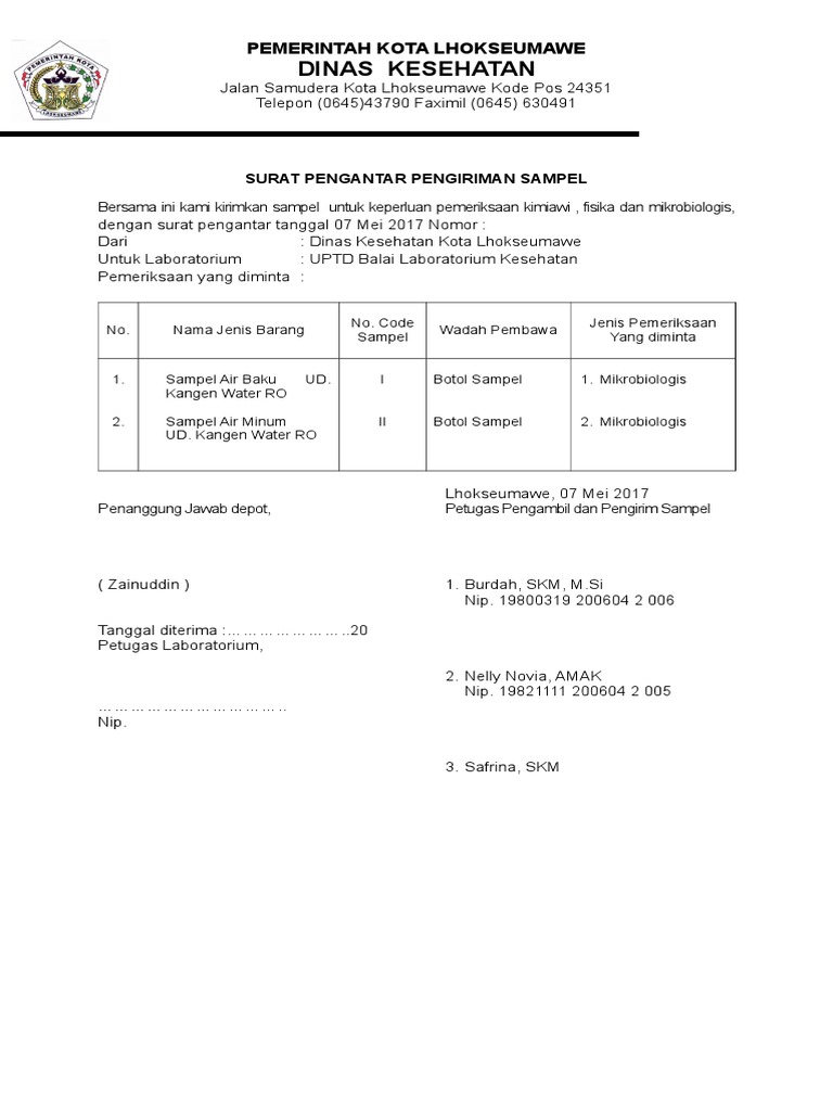 Surat Pengantar Pengiriman Sampel