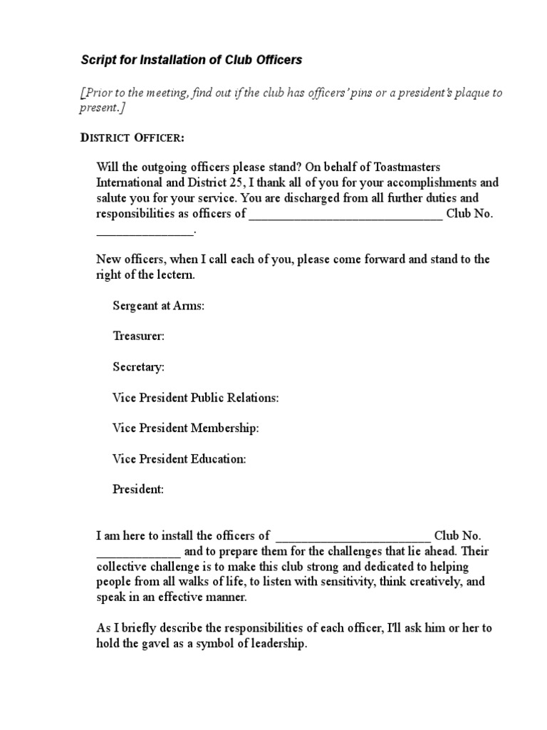 Script for Club Officer Install | Leadership | Leadership & Mentoring