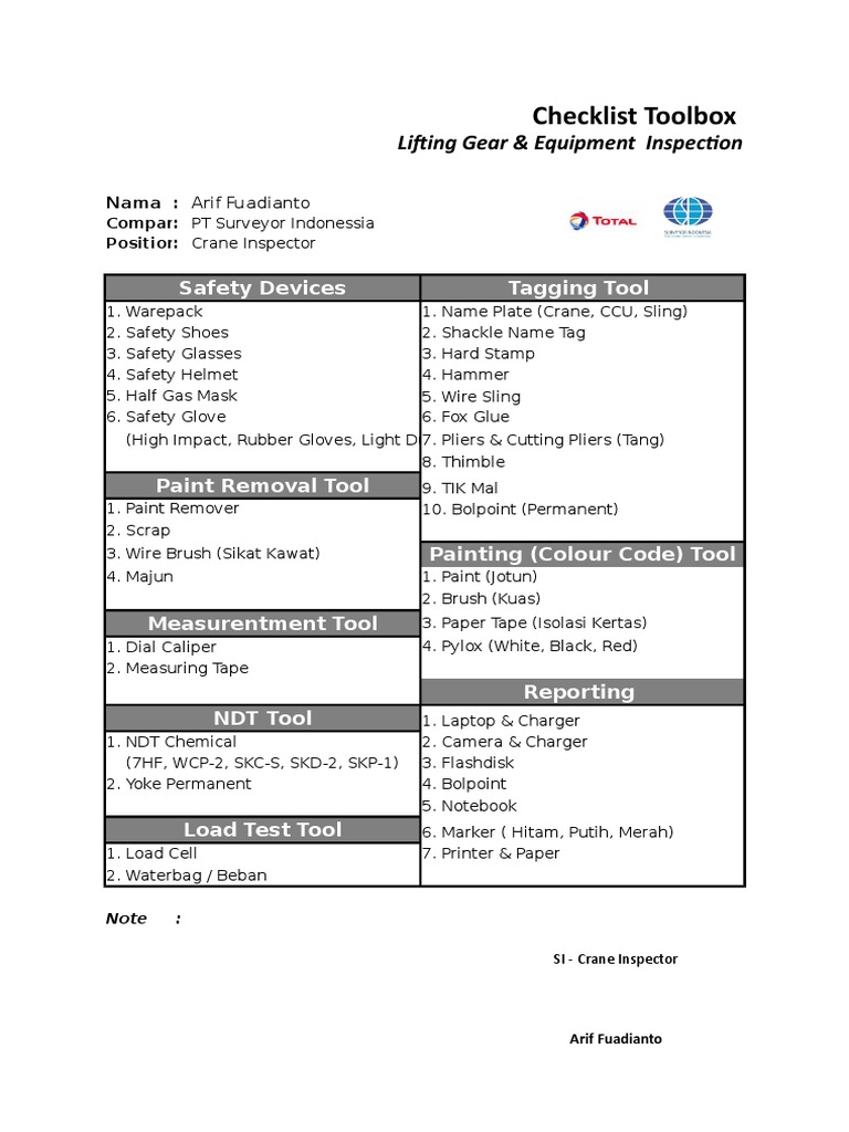 Checklist Tool For TOTAL Lifting Gear Inspection PDF
