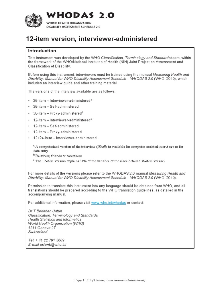 WHODAS 2.0 12-Item Interview Guide | PDF