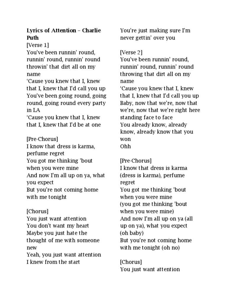Paroles De Charlie Puth Attention Lyrics of Attention | PDF | Song Structure | Recorded Music